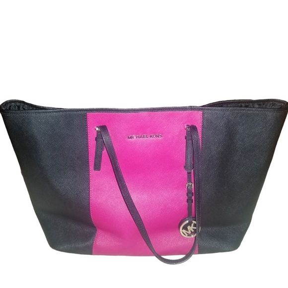 Michael Kors💗Jet Set Saffiano Leather Black and Pink Colorblock Tote Bag - Picture 1 of 6